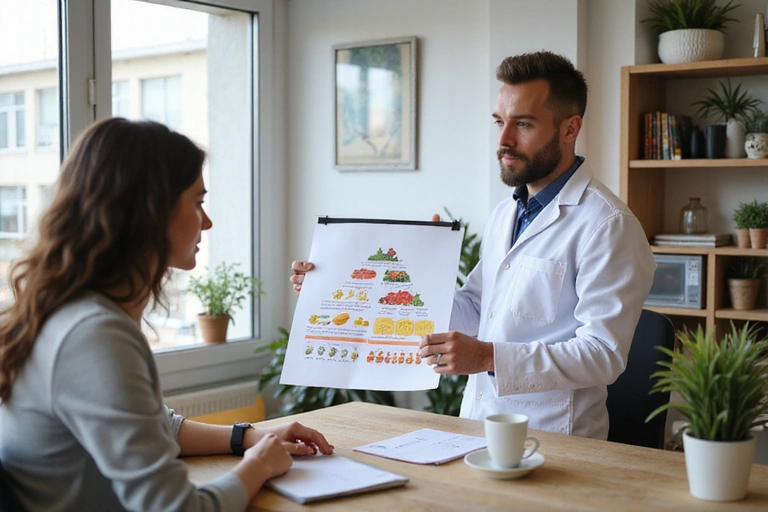 Eine qualifizierte Ernährungsberaterin erklärt einem Kunden die Vorteile einer ausgewogenen Ernährung in einem modernen Büro.